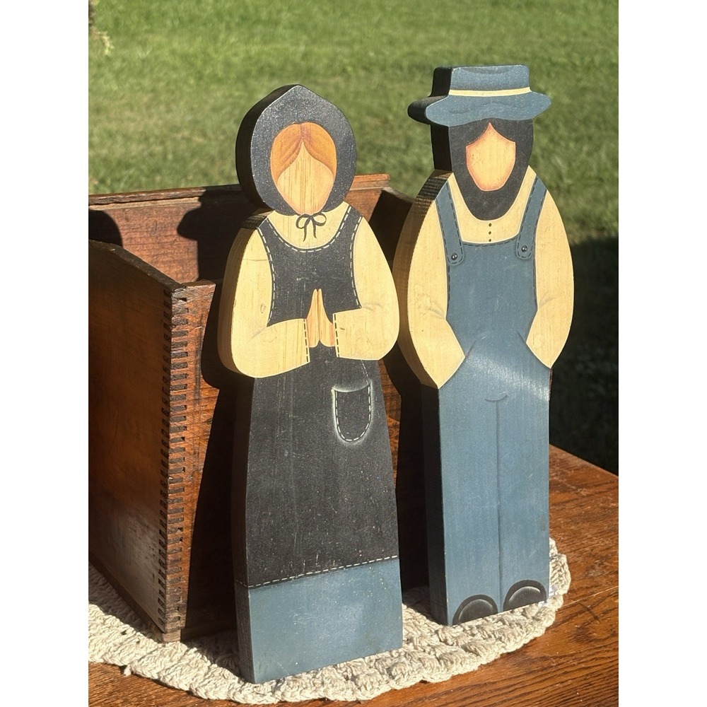 Vintage Pair Of Amish Woman & Man Wood Cut Outs Hand Painted 14" Signed